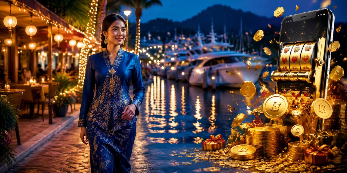 Aplikasi kasino Langkawi dengan pengguna berbaju kurung menggunakan peranti mudah alih